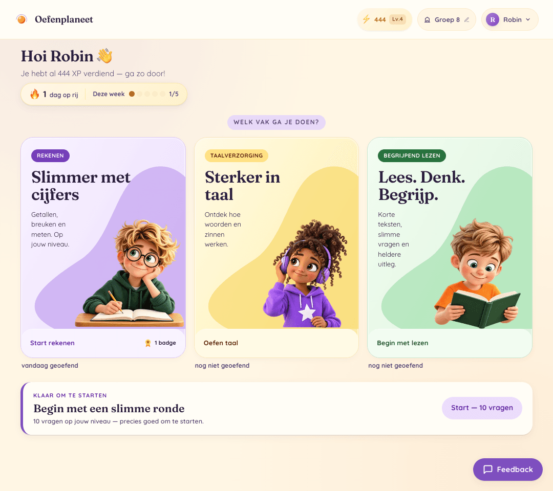 Voorbeeld van het vernieuwde startscherm met rekenen, taalverzorging en begrijpend lezen