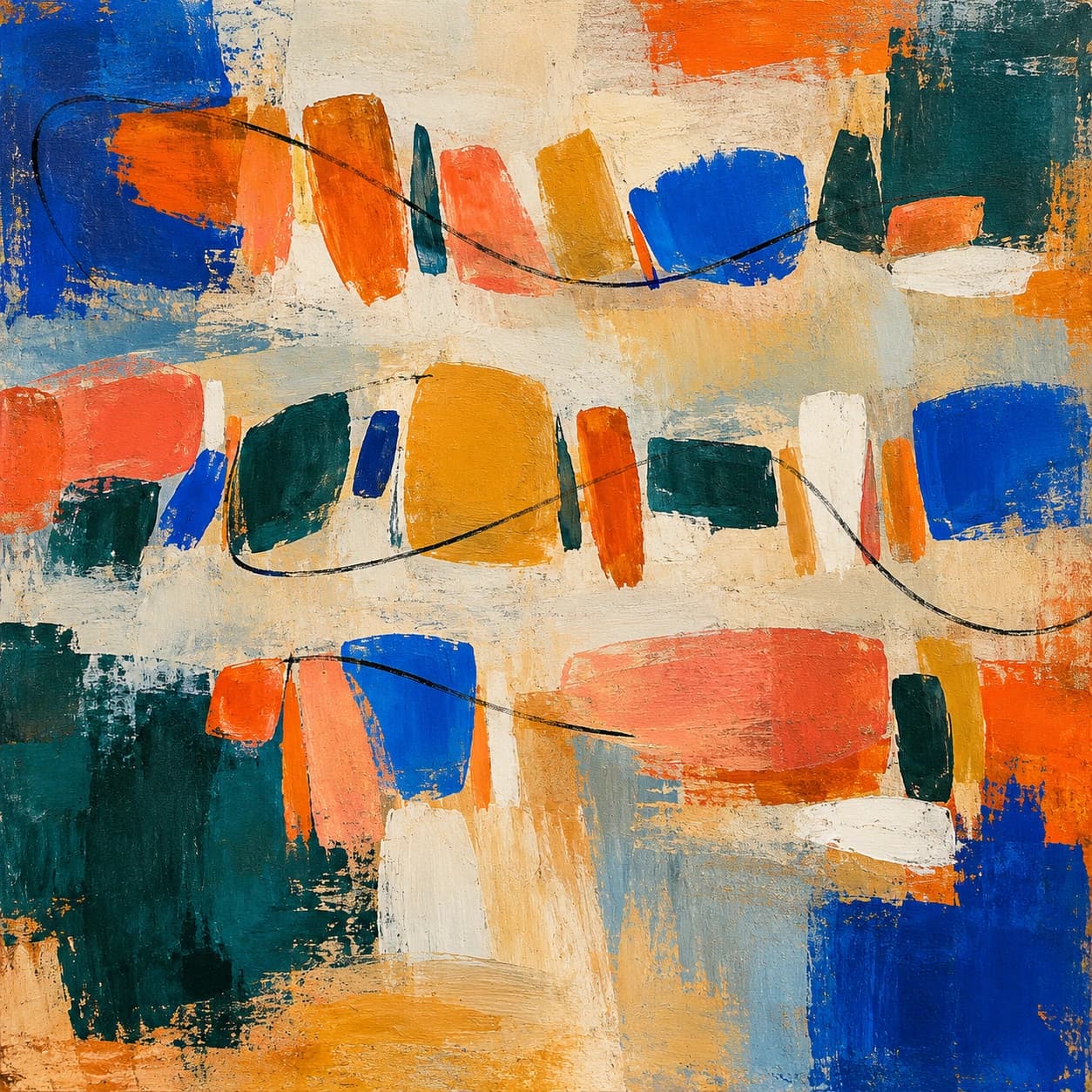 Abstract schilderij met ritmische kleurvlakken in kobaltblauw, koraal, oker en petrol, verbonden door losse houtskoollijnen.