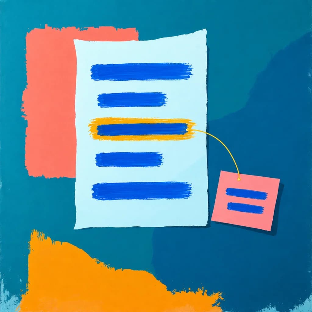 Geschilderde leesbladzijde met blauwe regels, een geel gemarkeerde passage en een koraalrood tipkaartje dat ernaar verwijst.