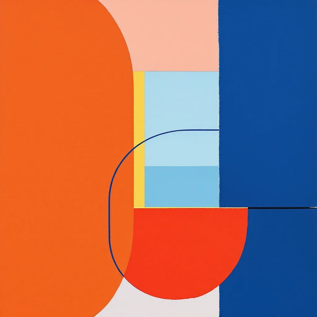 Abstract schilderij met grote oranje, roze en blauwe kleurvlakken, een lichtblauwe opening en een dunne gebogen lijn.