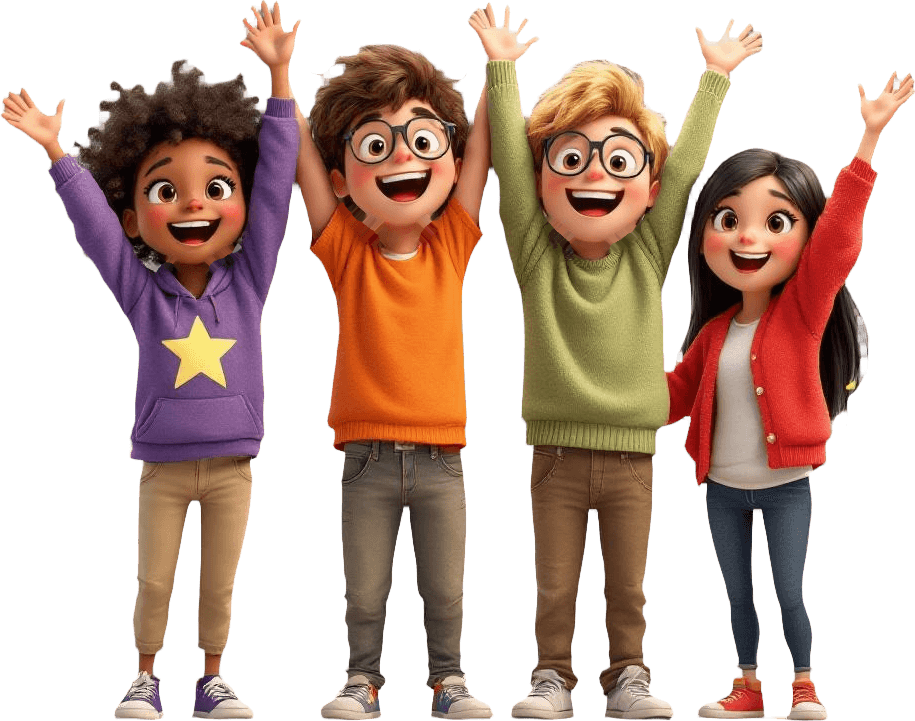 Daan, Mira, Sem en Yara juichen samen