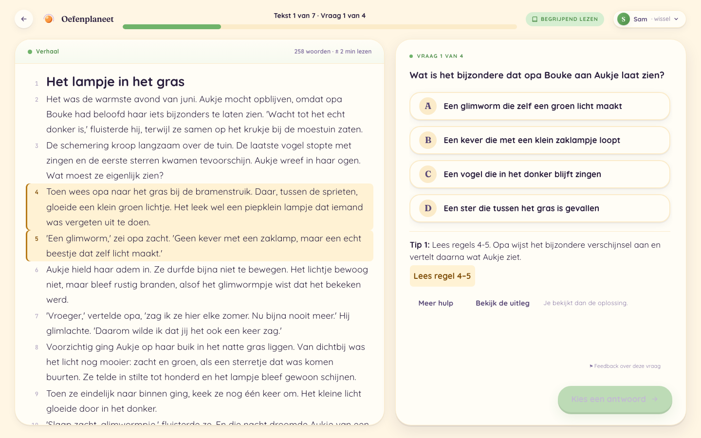 Een geopende leestip met een knop om de bedoelde regels terug te lezen.